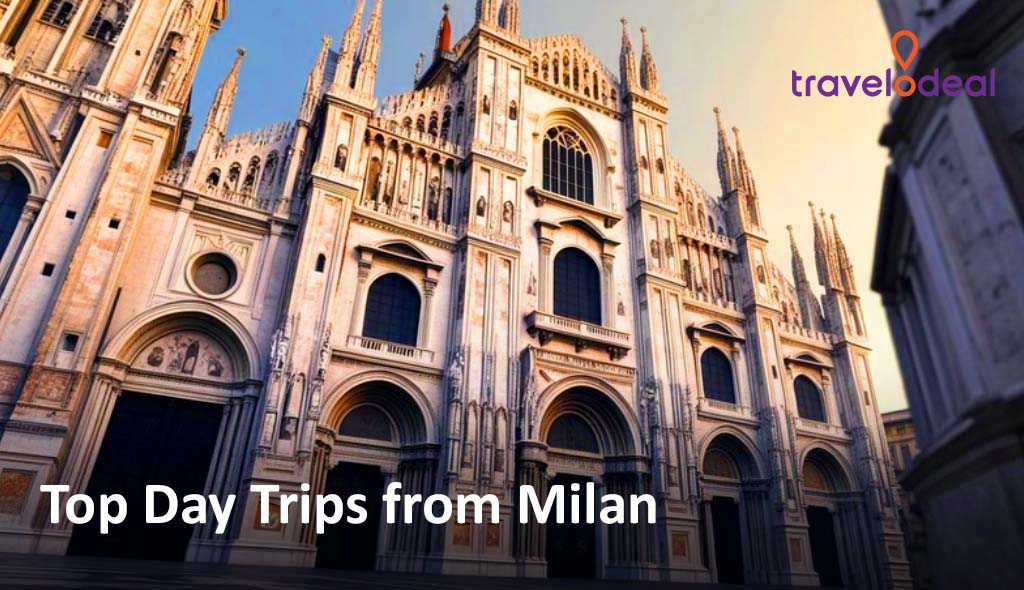 Close-up of Milan's stunning cathedral facade, featuring intricate details and spires, with text promoting top day trips from the city.
