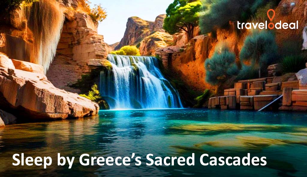 A tranquil scene of cascading waterfalls surrounded by lush greenery and rocky cliffs, showcasing Greece's natural beauty.