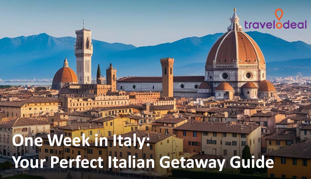A stunning view of Florence, Italy, showcasing the Duomo, historic buildings, and mountains in the background. Travel guide title included.