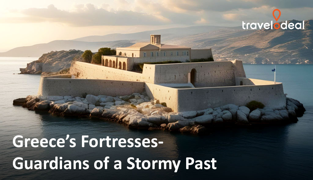 A historic fortress on a rocky island in Greece, surrounded by calm waters and mountains, symbolizes the country's tumultuous past.