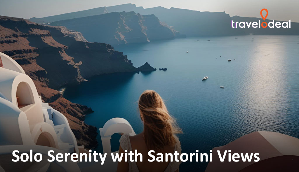 A woman gazes at the serene Santorini coastline and sea, enjoying a peaceful moment surrounded by stunning Greek scenery.
