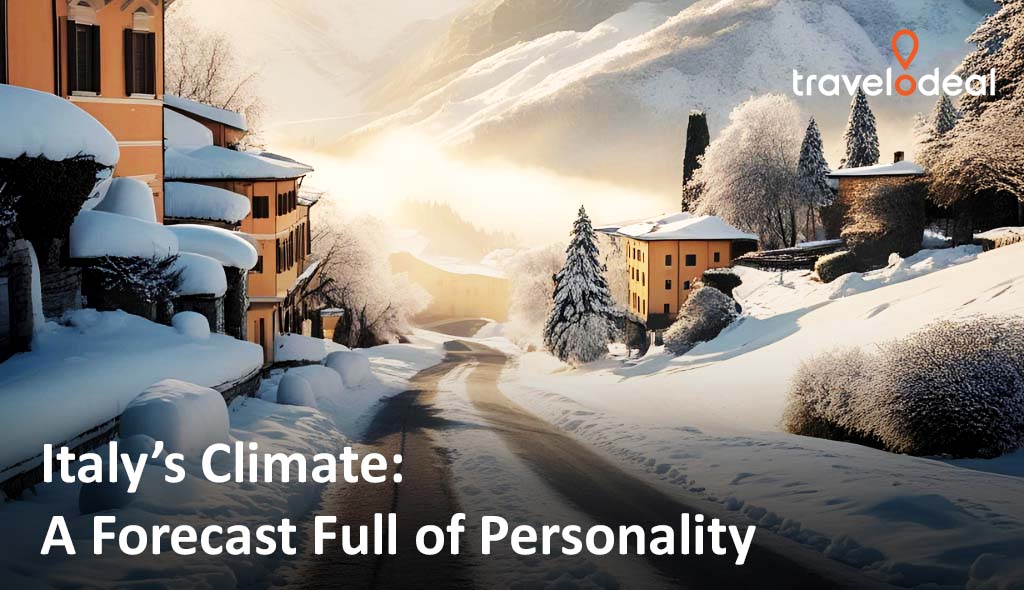 A snowy Italian landscape with quaint houses, trees, and majestic mountains under soft light, evoking a serene winter atmosphere.