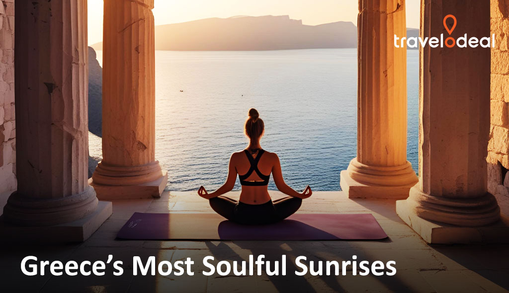 A woman practices yoga at sunrise in Greece, framed by ancient columns overlooking serene waters and distant hills.