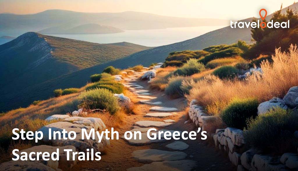 A scenic path winds through grassy hills in Greece, leading to distant mountains and shimmering waters, highlighting ancient myth and beauty.