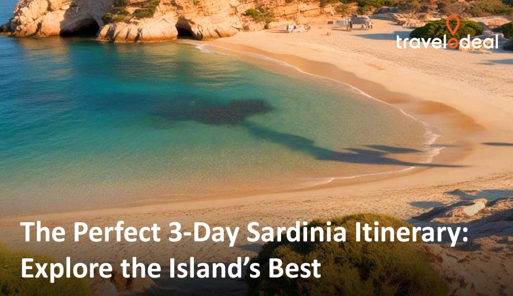 A serene beach in Sardinia with crystal-clear waters, surrounded by rocky cliffs and lush greenery, perfect for exploring.