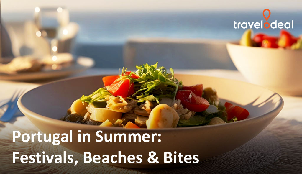 A vibrant dish of fresh summer vegetables garnished with greens, set against a coastal backdrop, promoting Portugal's seasonal delights.
