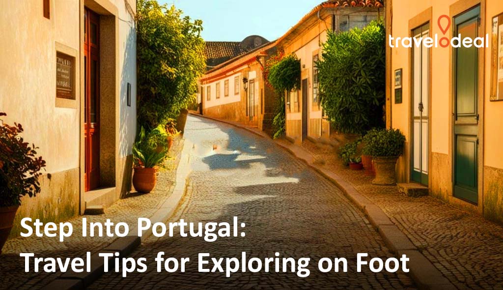charming cobblestone street in Portugal, lined with colorful houses and greenery, inviting exploration on foot. Travel tips featured below.