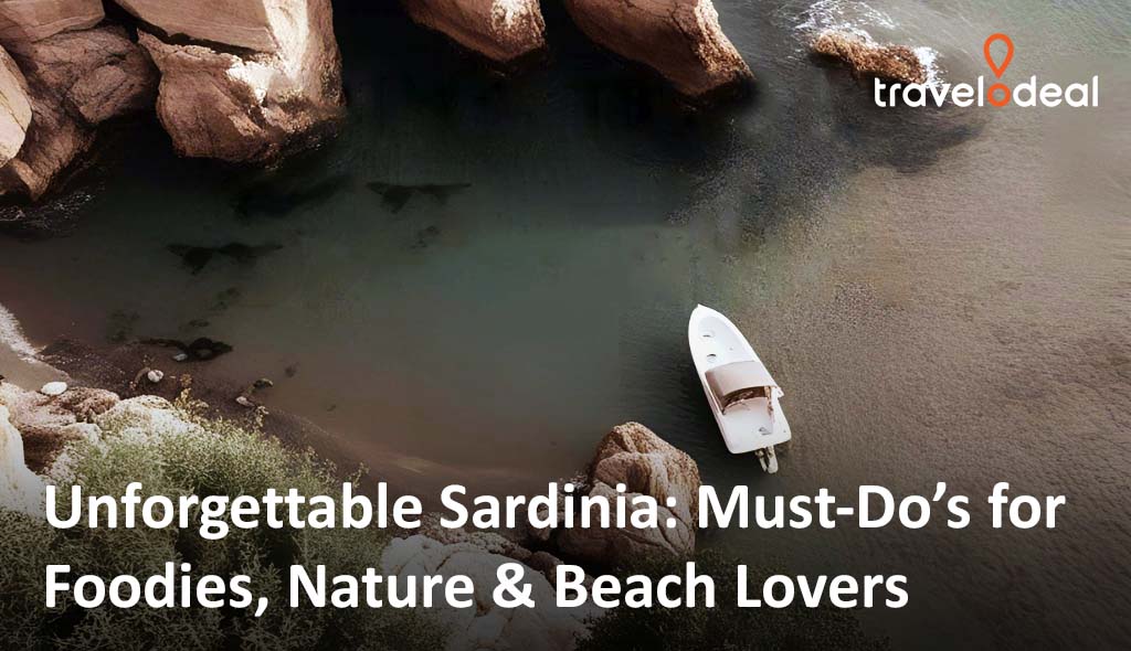 A serene cove in Sardinia with a small white boat near rocky shores, highlighting the island's beauty for foodies, nature, and beach lovers.