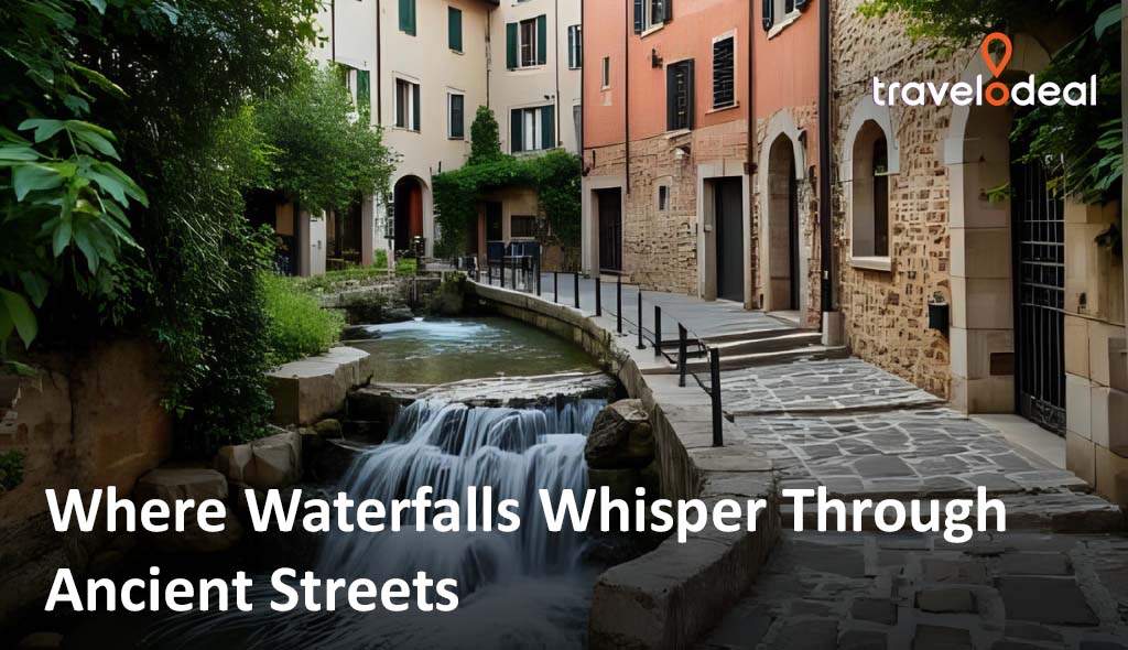 A serene scene of a cascading waterfall flowing through ancient streets lined with lush greenery and charming buildings.