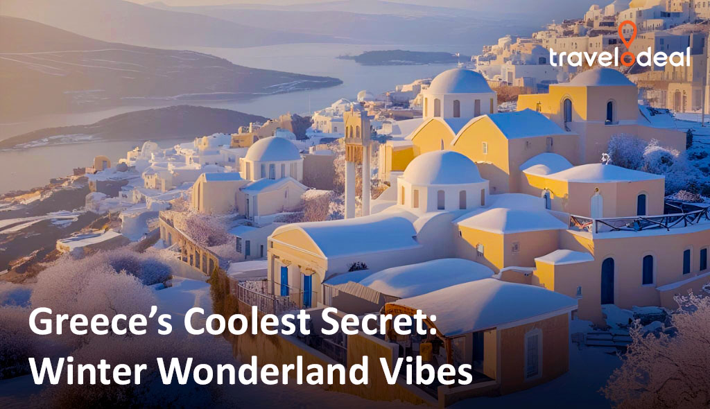 Snow-covered Greek village with white domed buildings, pastel colors, and a serene winter landscape, capturing a magical winter vibe.