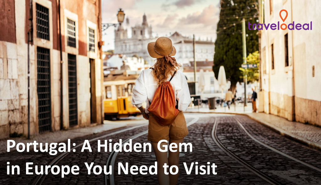 Female traveler with a backpack and sunhat walking down a cobbled tram street in Lisbon, Portugal, with historic buildings and a yellow tram in the background.