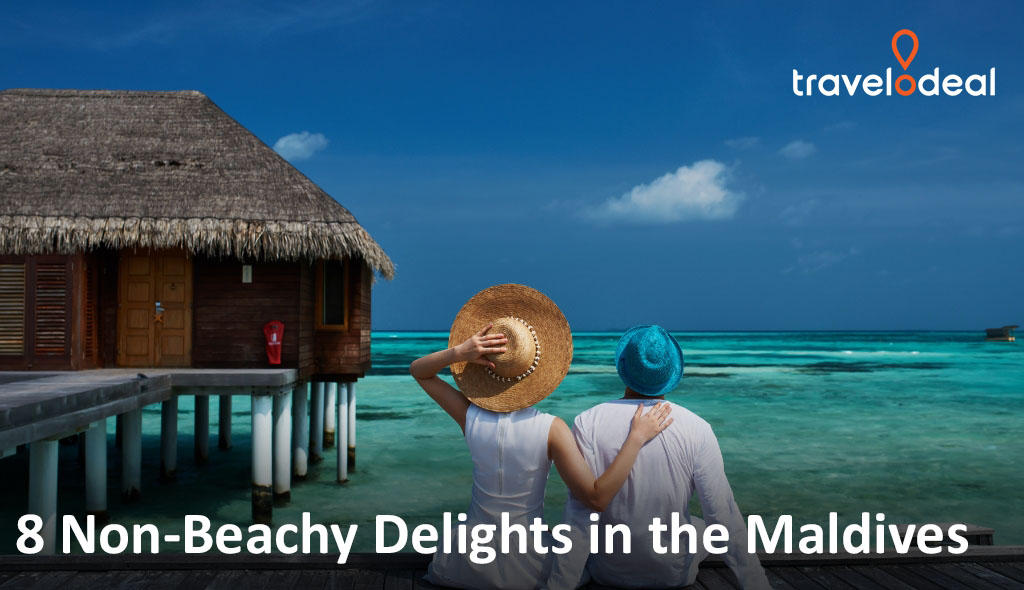 Couple on tropical wooden pier with hats and basket, set against vibrant blue skies and clouds, evoking calm and adventure.