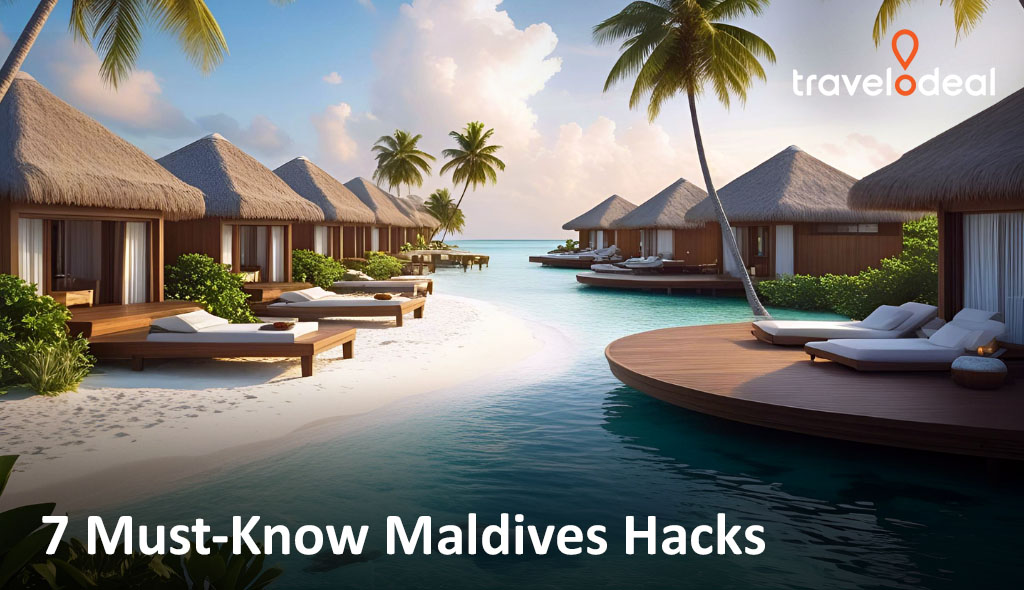 Thatched overwater and beach villas with sun loungers along a white sand lagoon, palm trees, and "7 Must-Know Maldives Hacks" text overlay.