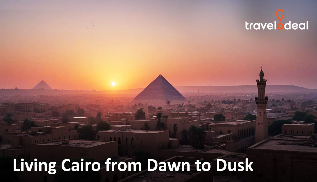 Sunrise over Cairo cityscape with the Pyramids of Giza and a mosque minaret in silhouette; “Living Cairo from Dawn to Dusk” text overlay.