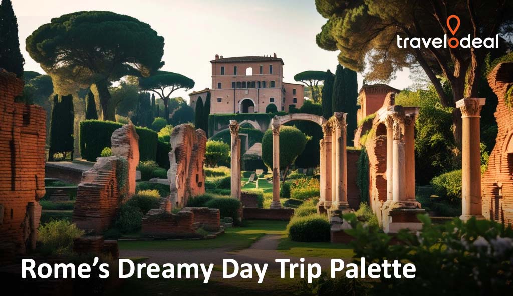 Sunlit Roman villa rises beyond ancient ruins and garden hedges, with cypress and pine trees; “Rome’s Dreamy Day Trip Palette” text overlay.
