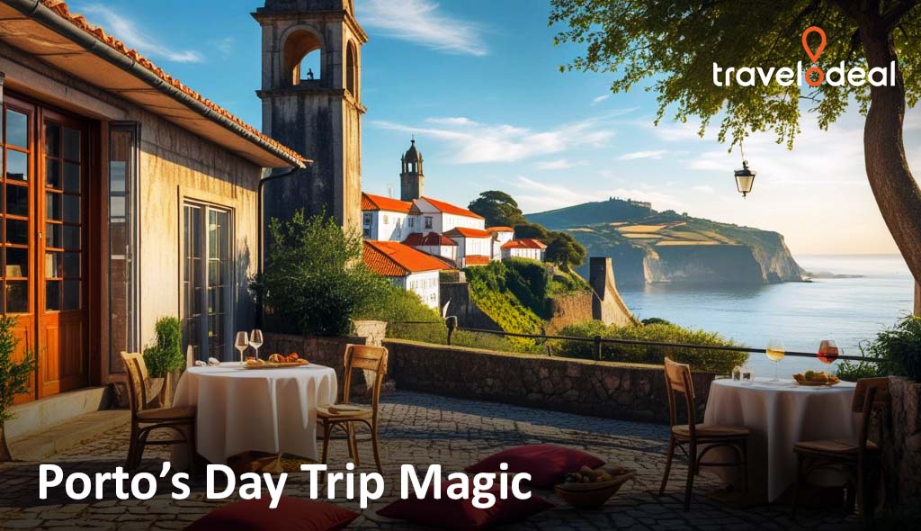 Sunlit terrace overlooking a coastal village with red roofs, church towers, outdoor café tables, and cliffs by the sea; text overlay present.