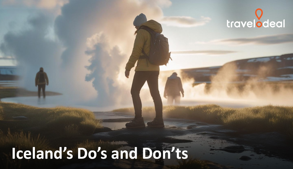 Travelers in warm jackets walk near steaming geothermal vents in a rugged Icelandic landscape at sunrise; "Iceland’s Do’s and Don’ts" text.