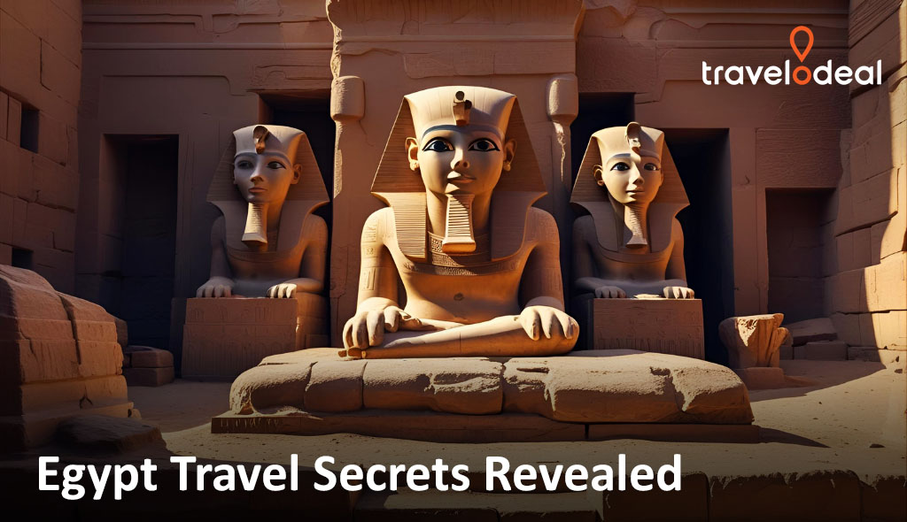 Sunlit ancient Egyptian statues seated at a temple entrance with hieroglyphic walls and “Egypt Travel Secrets Revealed” text overlay.