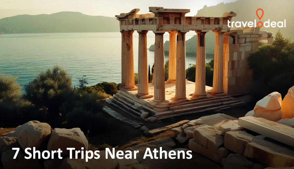 Sunlit ancient Greek temple ruins with columns beside a sparkling blue sea, olive trees, and mountains in the distance; text overlay present.