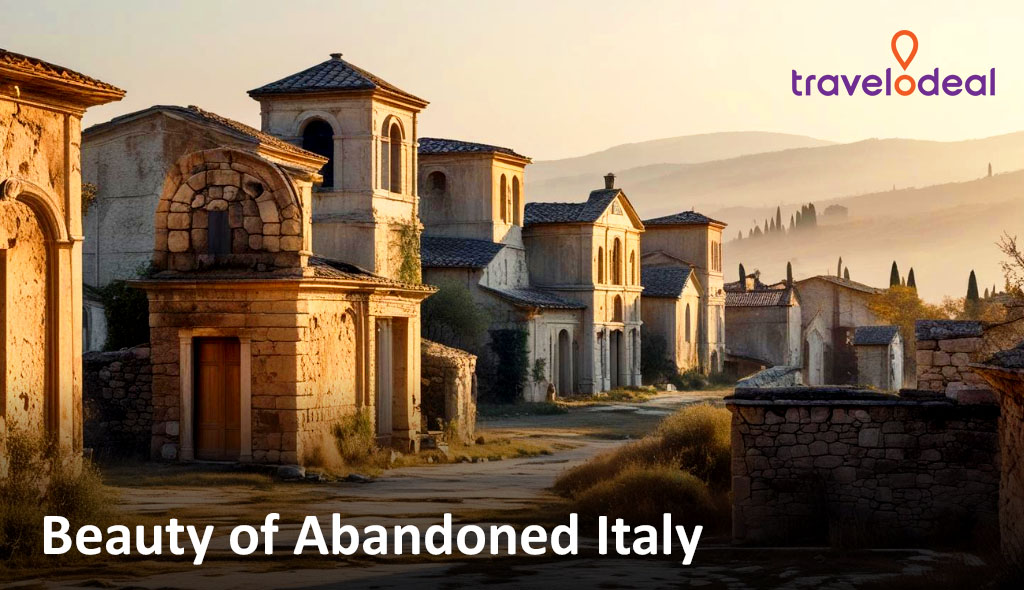 Sunlit abandoned stone village in rural Italy with empty houses, arched doorways, and rolling hills in the misty background; "Beauty of Abandoned Italy" text overlay.