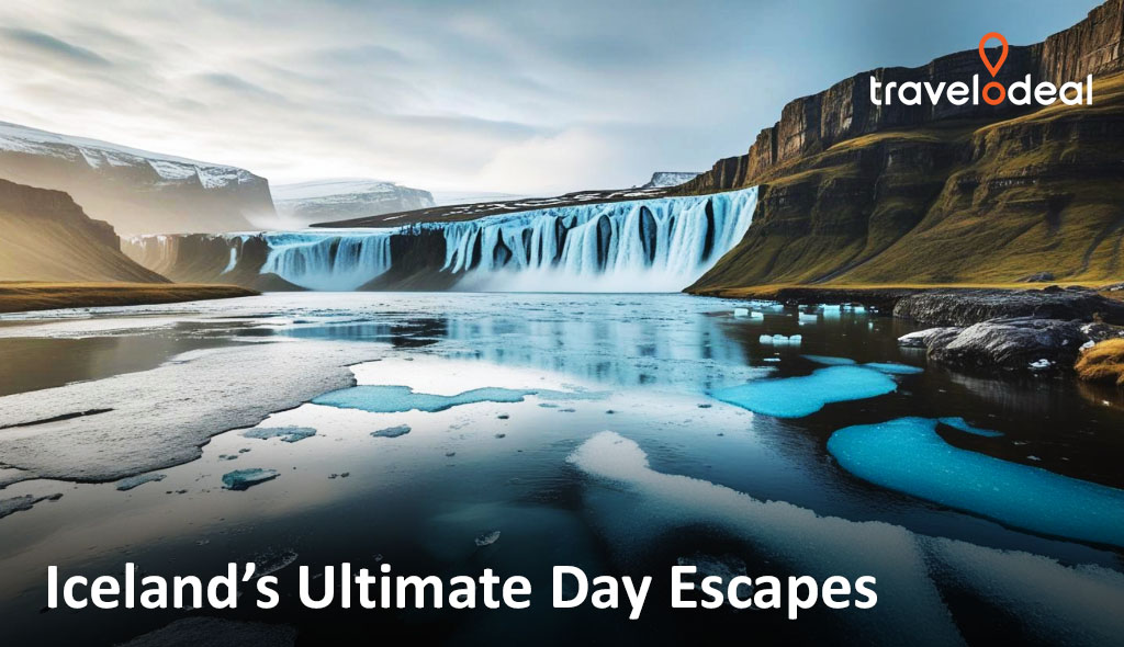 Wide Icelandic waterfall pours into an icy river with floating blue ice, surrounded by cliffs under a dramatic sky; text overlay present.