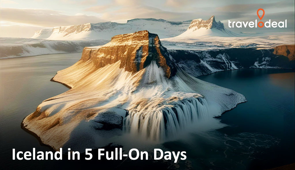 Snow-covered Icelandic plateau with dramatic cliffs and a large waterfall flowing into a calm bay at sunrise; text overlay present.