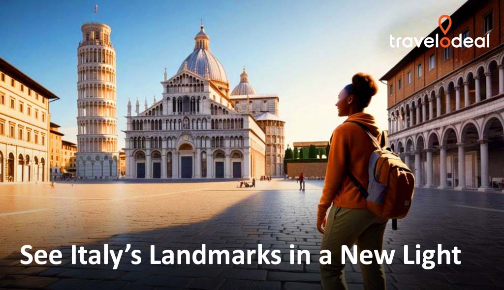 A person stands in a historic Italian plaza, admiring iconic landmarks: the Leaning Tower of Pisa and a grand cathedral bathed in sunlight.