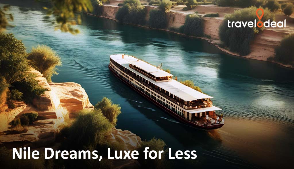 Sunlit luxury riverboat cruises along the Nile between lush green banks and sandy cliffs, with "Nile Dreams, Luxe for Less" text overlay.