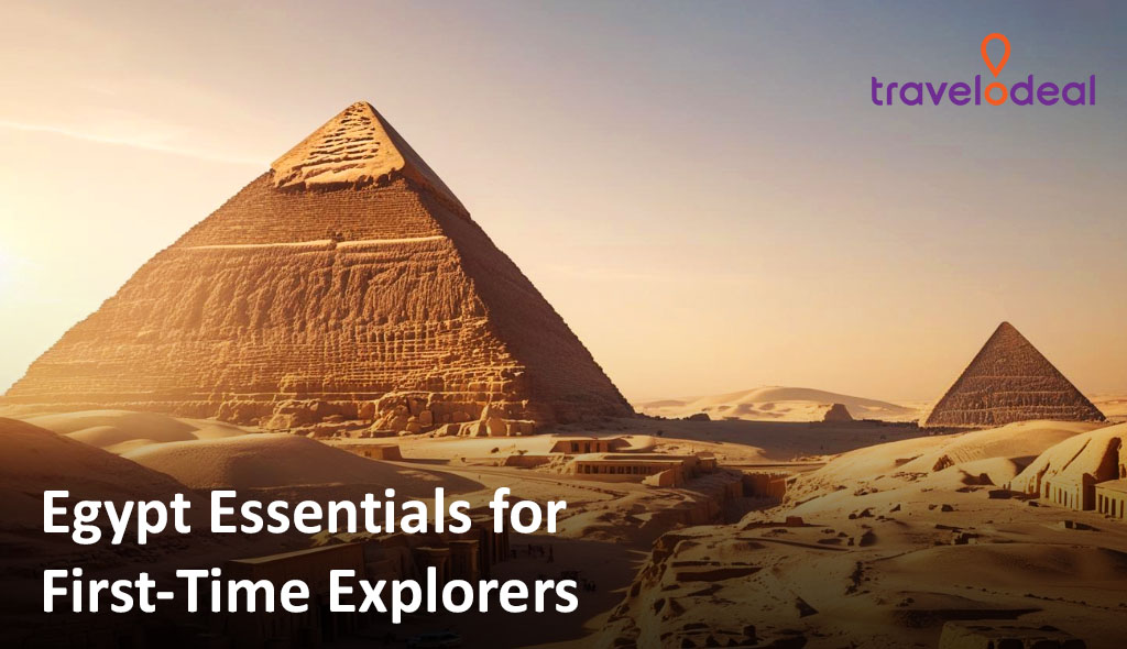 Sunlit Pyramids of Giza rise from the sandy desert with distant ruins and "Egypt Essentials for First-Time Explorers" text overlay.