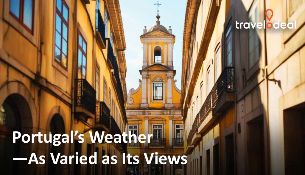 Narrow cobblestone street lined with yellow buildings, showcasing a historic church tower in Portugal, symbolizing varied weather and views.