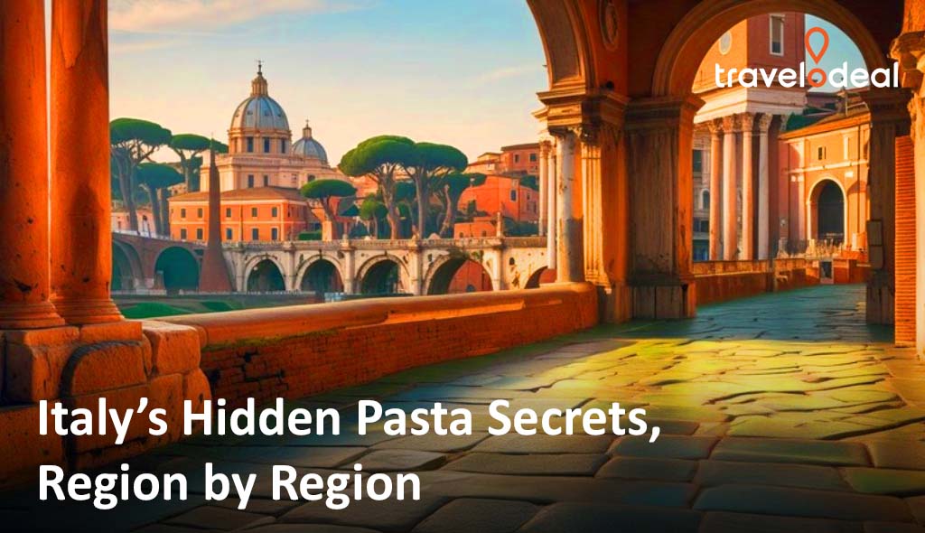 A picturesque view of Italian architecture showcasing arcades and domes, symbolizing Italy's rich culinary traditions and regional pasta.