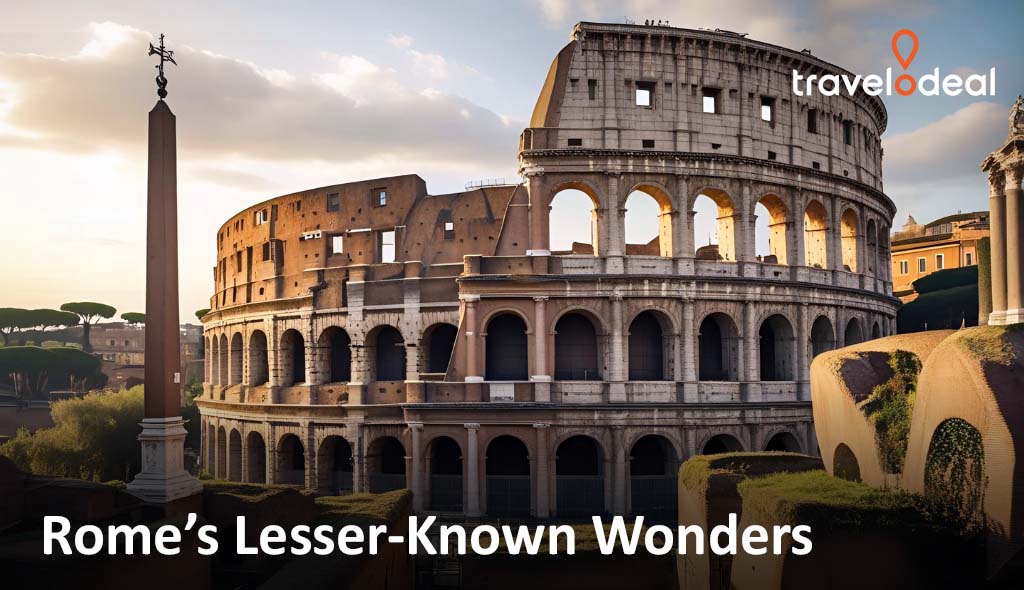 Sunlit Roman Colosseum and ancient obelisk at sunset, with “Rome’s Lesser-Known Wonders” text overlay in corner.