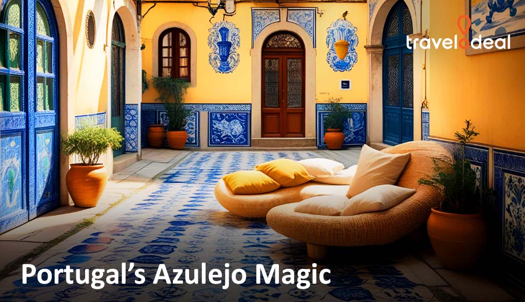 Sunlit courtyard in Portugal with bright yellow walls, intricate blue azulejo tiles, arched doors, potted plants, and lounge chairs; text overlay present.