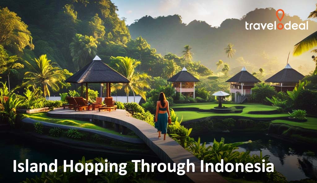 A traveler walks along a tropical path surrounded by lush greenery and traditional pavilions, capturing the beauty of island life in Indonesia.