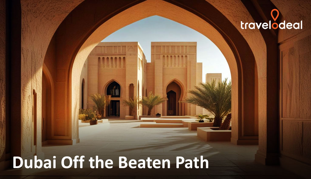 Desert-style architecture in Dubai with arches, palm trees, and a serene courtyard, highlighting the city's hidden gems.