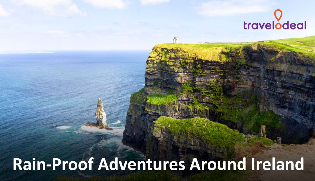 The Cliffs of Moher in Ireland, with dramatic ocean views, towering cliffs, and green landscapes under a bright sky.
