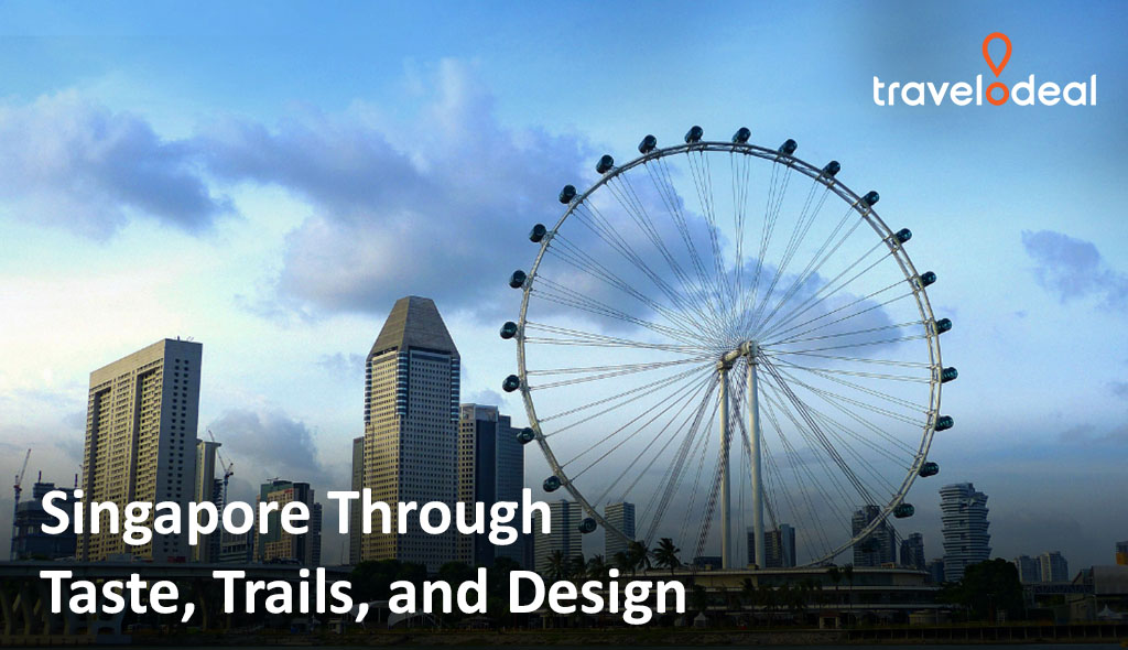 The Singapore Flyer Ferris wheel with the city skyline in the background, showcasing the city's modern architecture.