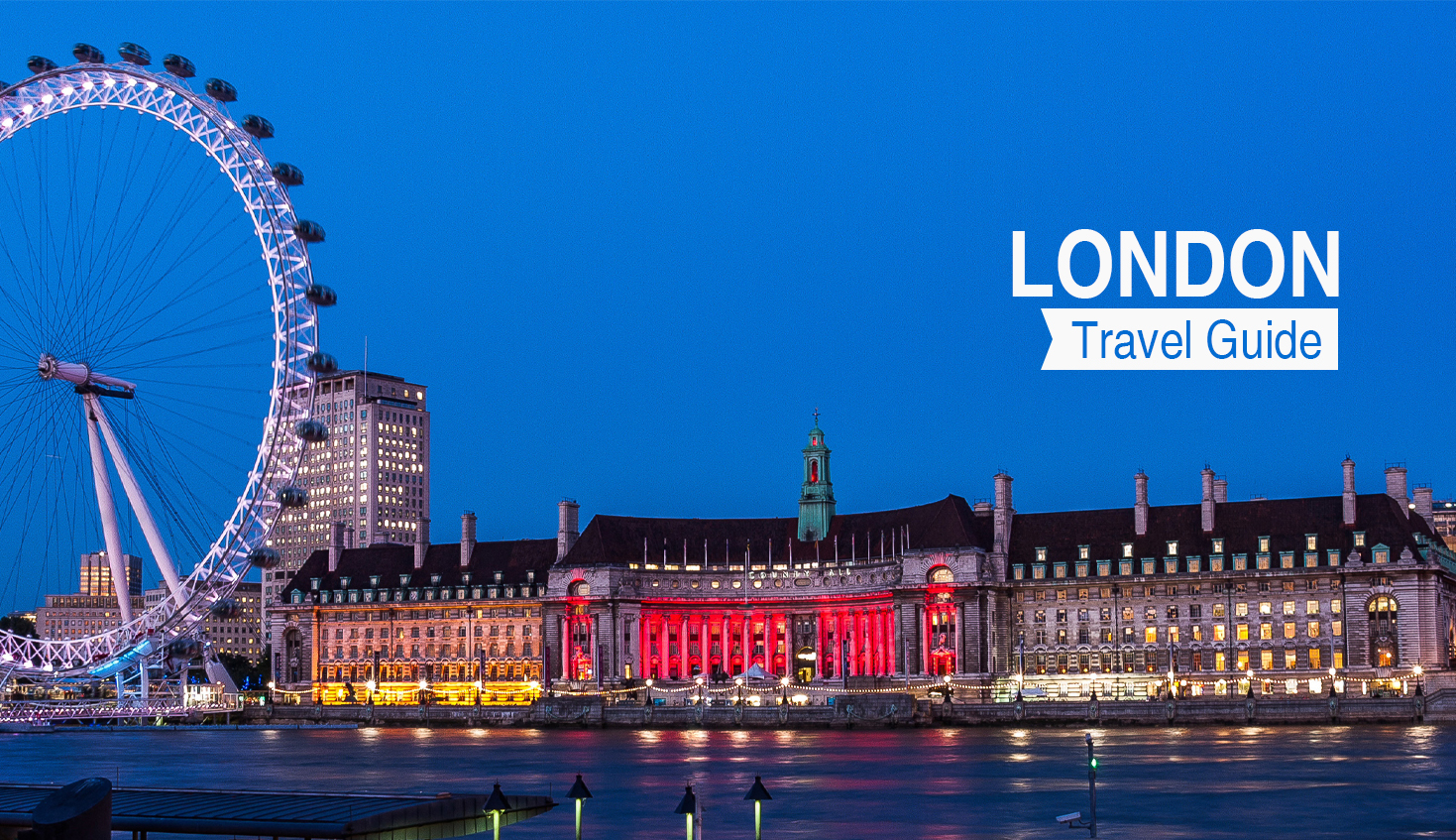A stunning nighttime view of the London Eye and the illuminated County Hall building reflecting on the River Thames.