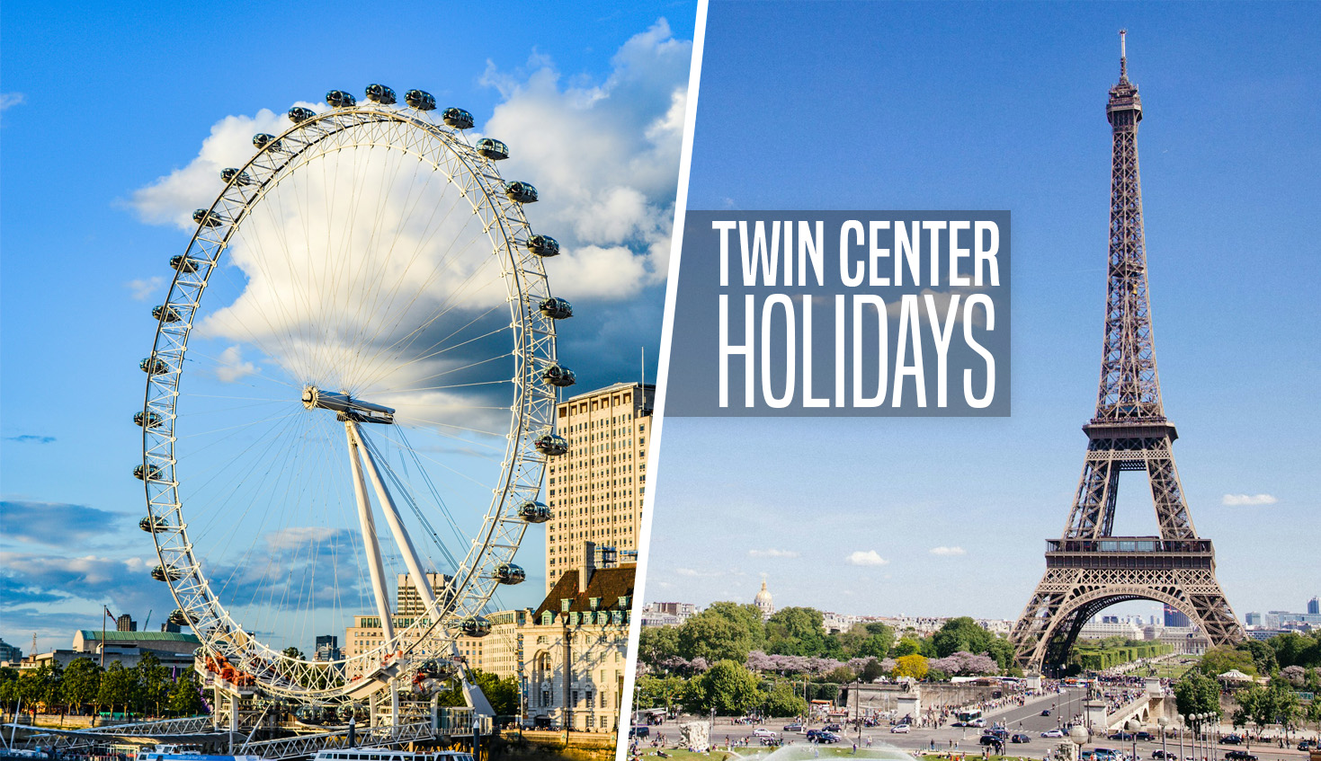 Scenic view of the London Eye and the Eiffel Tower, showcasing two iconic landmarks in different cities.